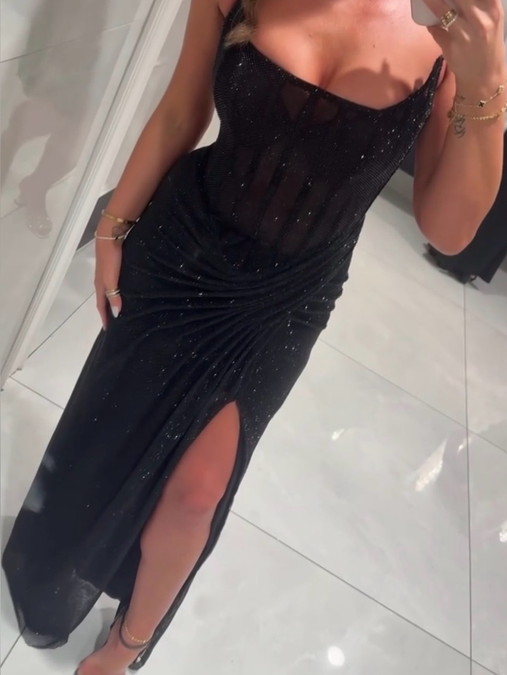 Black Sparkle Ruched Slip Dress